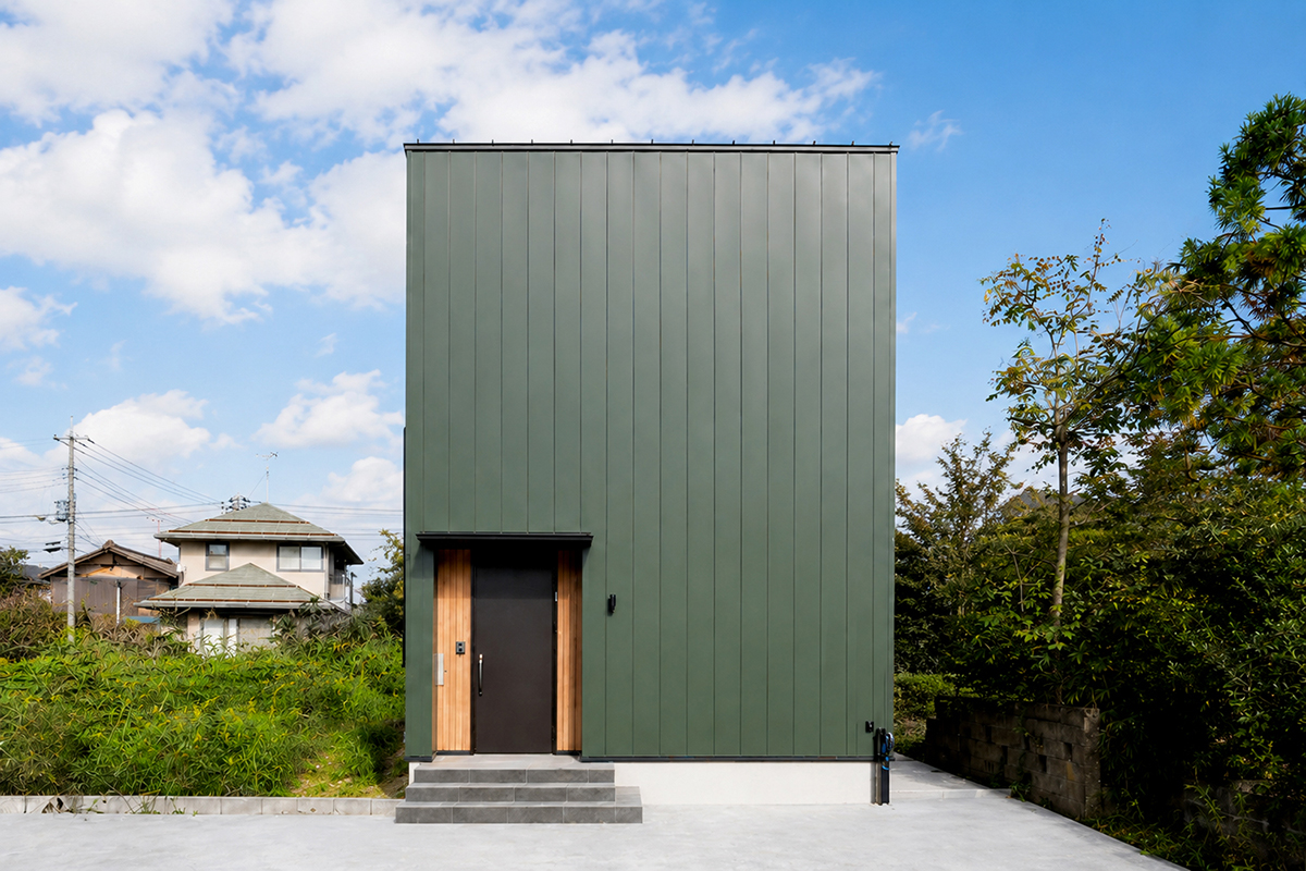 モスグリーンの大きな屋根付きテラスから望む景色｜阿賀野市